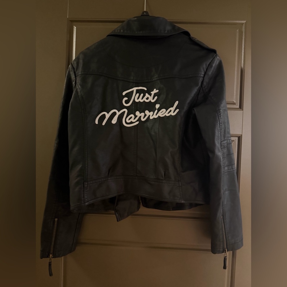 Black 'Just Married' Embroidered Leather Jacket NEW